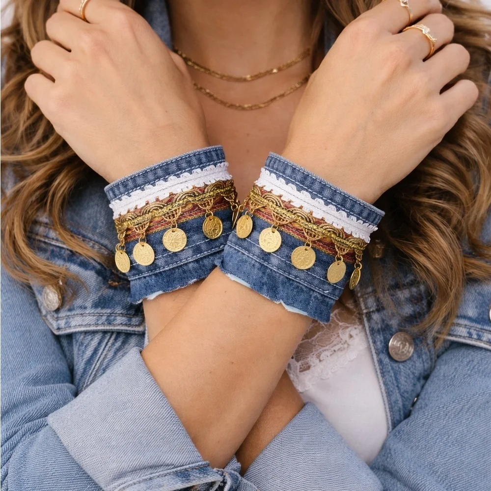 RUBYRUDI Artisan Denim Cuff Bracelet Set Shabby Chic Tattered Raw Edge Signed